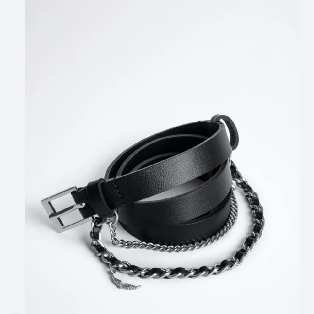 Zadig & Voltaire Black Belt with Silver Chain Detail